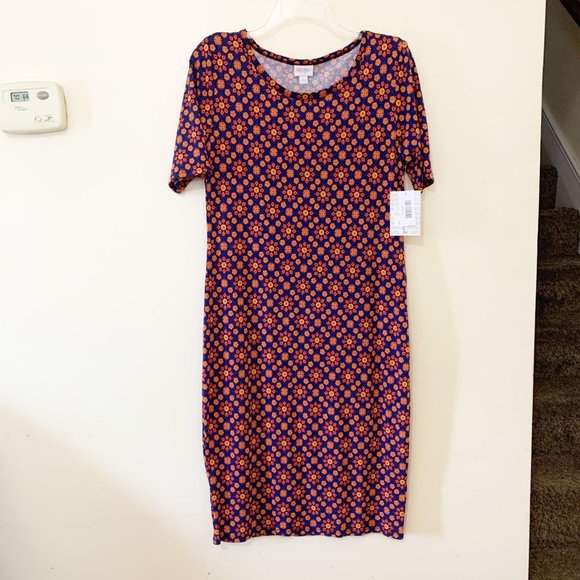 LuLaRoe Julia Dress Kaleidoscope Print Large Navy Blue Orange - Picture 1 of 9
